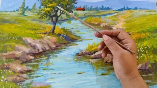 Spring river landscape painting. Teaching landscape painting with acrylic🥰🙋🎨