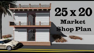 25 by 20 market plan in 3d , 25x20 shop elevation design , 25*20 shop plan