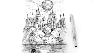 How to draw Hogwarts Castle (Vertical Video) - pen drawing sounds ASMR