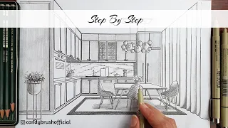 How to Draw A Kitchen in One Point Perspective | Step By Step