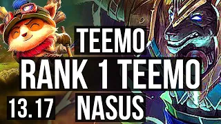 TEEMO vs NASUS (TOP) | Rank 1 Teemo, 8/0/5, 2.9M mastery, 1500+ games | NA Challenger | 13.17