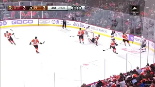 Matt Duchene bats the puck out of mid-air from the face-off circle to put the Senators in front