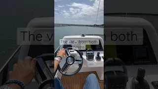 Driving form both helms on the new Bavaria Yachts Virtess 420 powerboat in San Diego, California