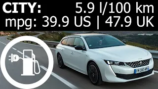 Peugeot 508 SW HYbrid: city fuel consumption economy with empty batteries at start mpg l/100 km PHEV