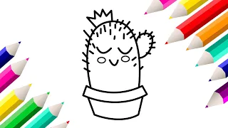 Cartoon Cactus Drawing, Painting and Coloring for Kids, Toddlers