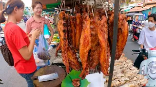 Best Cambodian street food at Olympic Market | Tasty Delicious Roasted duck, Fish & Pork Ribs