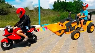 Kids Ride on Power Wheels with Motorbike and towing 12V Bulldozer - Video for Children