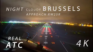 Night Brussels Approach RW25R 4K | Real ATC | Pilot cockpit view | 737 ( BRU EBBR ) ночной полет