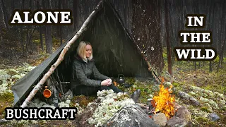 Solo Winter Bushcraft Trip - Lavvu Canvas Poncho Shelter - ASMR - Camping in the Rain