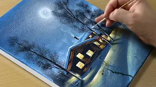 Painting a Snowy Winter Night / Acrylic Painting