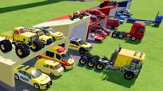 TRANSPORTING POLICE CARS, CARS, AMBULANCE, FIRE TRUCK, MONSTER TRUCK OF COLORS! WITH TRUCKS! - FS 22