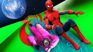 GTA 5 Water Ragdolls | Squid Game Guard and Spiderman - LARGEST Water Slide From Space into Pool!