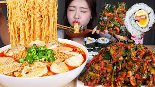 ASMR MUKBANG | HOMEMADE SPICY CUCUMBER KIMCHI 🔥 SPICY SOFT TOFU RAMEN & CHEESE KIMBAP