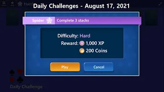 Microsoft Solitaire Collection | Spider - Hard | August 17, 2021 | Daily Challenges