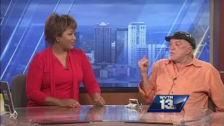 Comedian James Gregory in studio with Eunice Elliott