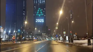 Night timelapse from Shchukino to White House area via Moscow City at New Year holidays