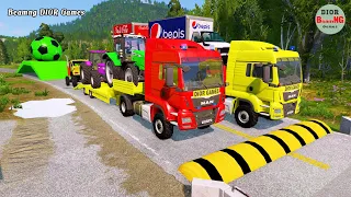 Double Flatbed Trailer Truck vs speed bumps|Busses vs speed bumps|Beamng Drive|496