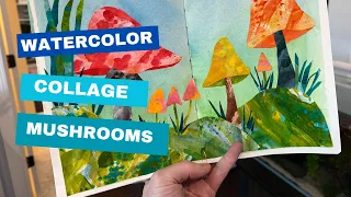 Watercolor collage mushrooms with painted paper #watercolorsketchbook #collageart