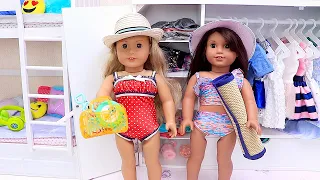 Sister dolls dress with color swimwear to go to the beach for family vacation - PLAY DOLLS