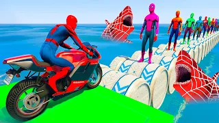 GTA 5 Epic New Crazy Ragdolls | Spiderman on a motorcycle ride on the Rainbow Spiders Bridge, Shark