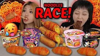 SPICY RAMEN NOODLES & CHEESY CORN DOG RACE EATING COMPETITION + WEEK VLOG