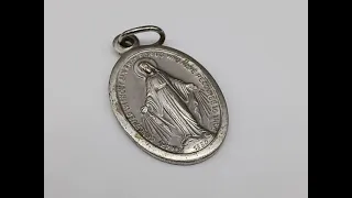 Vintage Miraculous Mary Catholic Medal Pendant Silver Tone Metal Italy 1830