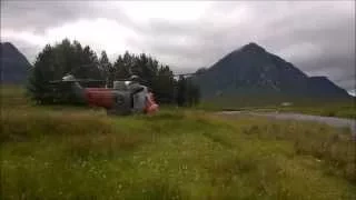 Royal Navy Rescue helicopter taking off in Glen Coe, Scotland