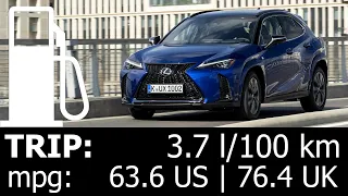 2024 Lexus UX 300h trip with fuel consumption economy test urban mpg l/100 km hybrid HEV 199 HP FWD