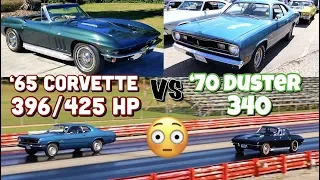 1965 Corvette vs 1970 Plymouth Duster 340 - PURE STOCK DRAG RACE (Best of 3)