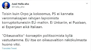 Perussuomalaisten Jussi Halla-aho : EU on oikeusvaltion näkökulmasta huono vitsi