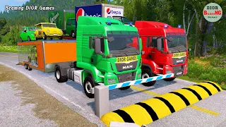 Double Flatbed Trailer Truck cars vs rails tractor vs train cars vs bollards Beamng Drive 413