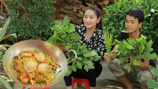 Harvest chinese skale around my house for noodle cooking seafood taste | Fresh vegetable cook