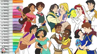 Disney Princess Coloring Book Compilation  Jasmine Aladdin Tiana Naveen Rapunzel Flynn Elena Mateo