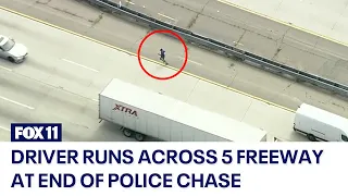 Police chase suspect crashes, runs across freeway