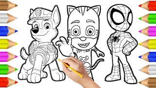 Coloring Fun: PJ Masks Catboy, Chase & Spidey  | Drawing Painting and Coloring for Kids