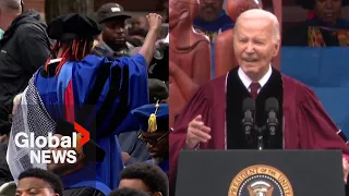 University protests: College grads turn backs to Biden, wear keffiyehs during commencement address