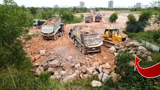 Big Fantastic Landfill Project that Komatsu Dozers And Dump Trucks Process Delivery Stone