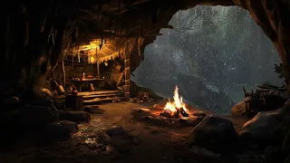 Deep Sleep in a Cozy Rainy the wind Cave | Bonfire Sounds and for Stress Relief, Peaceful Deep Sleep