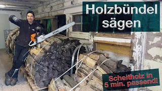 Brennholz Holzbündel sägen, Meterholz wird in wenigen Minuten passend für den Holzvergaser