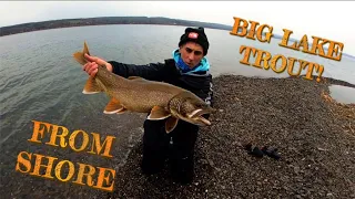 fishing for BIG LAKE TROUT from SHORE!!! (Crystal clear lake fishing)