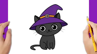 HOW TO DRAW A HALLOWEEN BLACK CAT WITCH | Halloween Drawing