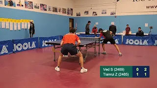 Ved Sheth (2489) vs Zhang Tianrui (2485) at ICC Joola Spring Open on 3-4-2023