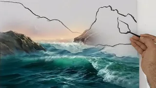 Easy sea waves👆👆 And mountains and rocks  /Landscape acrylic paint for beginners