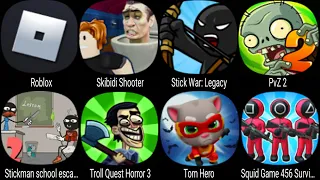 Roblox, Grimace Barrys Prison Run, Stick War Legacy, PvZ 2, Stickman School Escape 2, Tom Hero