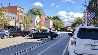 Car Backs Out In Front Of Street Running Train, 2 Street Running Trains In Lagrange Kentucky CSX LCL
