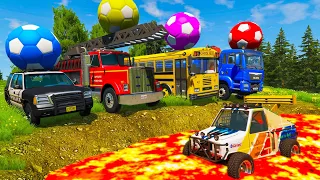 Double Flatbed Trailer Tractor rescue Bus - Cars Racing - Truck transporting Cars vs Deep Water