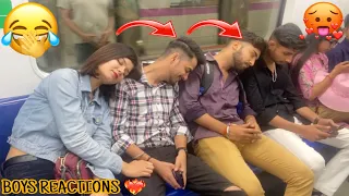 SLEEPING PRANK ON STRANGERS IN THE METRO || BOYS REACTIONS 🔥 || AANCHAL THAKUR ||