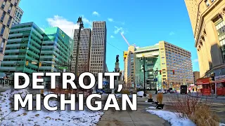 [4K] DETROIT, MICHIGAN; VIRTUAL WALKING TOUR OF DOWNTOWN DETROIT WITH INFORMATIVE SUBTITLES