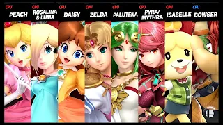 Peach and Rosalina & Luma and Daisy and Zelda and Palutena and Pyra / Mythra and Isabelle VS Bowser