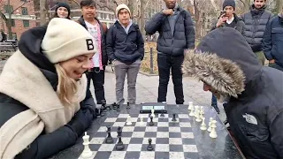 Dina Belenkaya successfully "outhustles" a chess hustler.